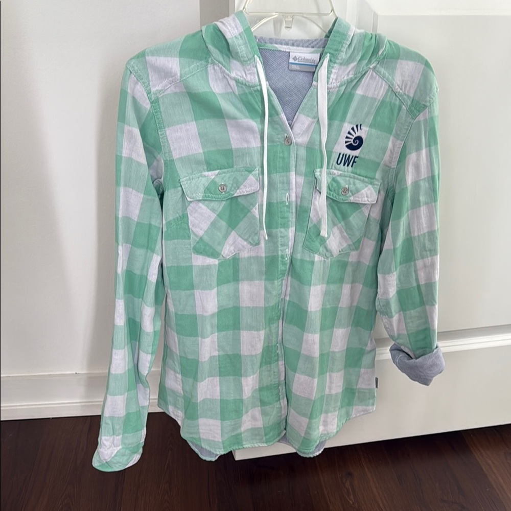 UWF Women’s Columbia Green and White Hooded Button Down Shirt